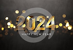 2024 greetings card with golden effect. Shiny gold Happy New Year wishes. 3D rendering