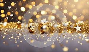 2024 Happy New Year abstract background with gold stars, particles, and sparkling. Christmas Golden light shines