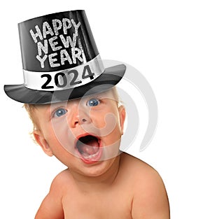 2024 Happy New Year Baby wearing a top hat.