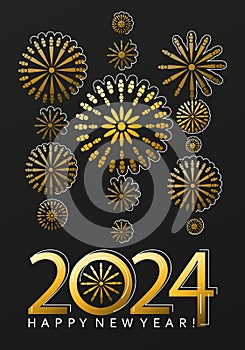 2024 Happy New Year background. Abstract golden fireworks and golden gradient numbers on a dark.