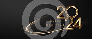 2024 Happy New Year background with golden waves swirl with golden sparkles on black background. Abstract shiny color