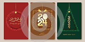2024 Happy New Year card. Gift box with golden shiny numbers. Green Christmas tree. Red bauble. Festive holiday elegant