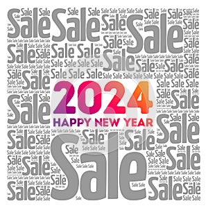 2024 Happy New Year. Christmas Sale word cloud background