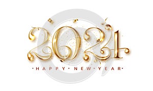 2024 Happy New Year elegant banner, complete with falling confetti on bright background. Glossy golden 3D number