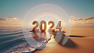 2024 Happy New Year: Fun and Colorful 3D Render Background with Sunset and Sand Beach.