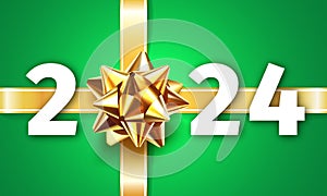 2024 Happy New Year. Gift Box Decoration. Greeting Card with a gold ribbon gift bow and the number 2024 on a green background. New