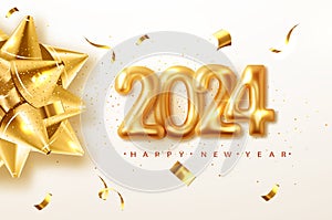 2024 Happy New Year greeting background with gold bow. Vector Christmas illustration.