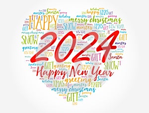 2024 Happy New Year Heart word cloud collage, holiday background