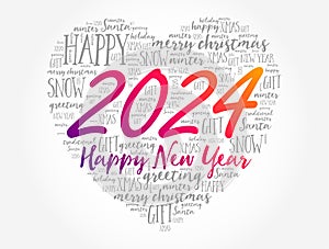 2024 Happy New Year Heart word cloud collage, holiday background