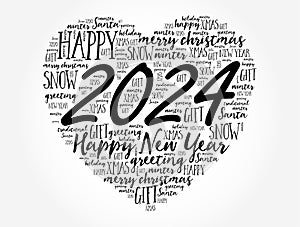 2024 Happy New Year Heart word cloud collage, holiday background