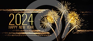 2024 Happy New Year holiday Greeting Card banner - Golden year, glitter stripes and firework fireworks pyrotechnics on black night