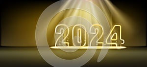 2024 Happy New Year shining light sparkles background. Gold numbers decoration and glow light effect