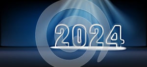 2024 Happy New Year shining light sparkles, blue background. Gold numbers decoration and glow light effect