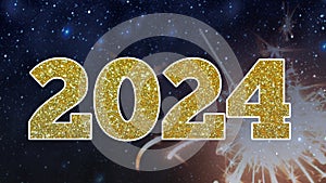 2024 Happy New Year Shiny Golden Glitter Typography And Calligraphy With Beautiful Firework, Sparkle And Night Sky Background.