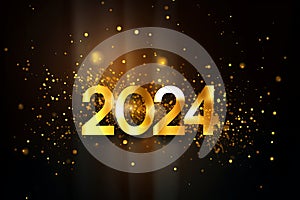 2024 Happy New year with sparkling golden light effect on dark background. Realistic 2024 text effect.