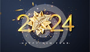 2024 Happy New Year vector background with golden gift bow, confetti, white numbers. Winter holiday greeting card design