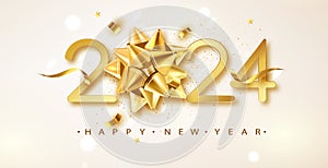 2024 Happy New Year vector background with golden gift bow, confetti, white numbers. Winter holiday greeting card design