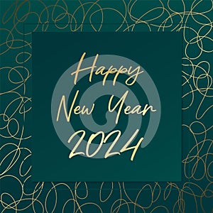 2024 Happy New Year vector greeting card. Golden hand drawn lines. Green and gold gradient banner for celebration, congratulation