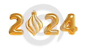 2024 inflatable golden balloon text with Christmas tree decoration. 3d render illustration