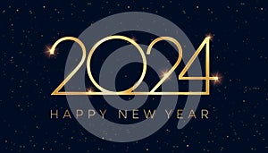 2024 luxury golden Happy New Year on golden sparkling dust glitter on dark blue background, New Year 2024 numbers decorative shiny