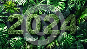 2024 made out of leaves. Creative layout nature background. New Year. 3D render letters made of grass and flowers, 2024