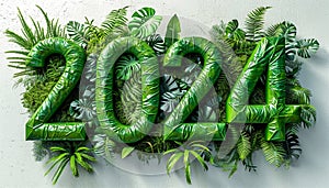 2024 made out of leaves. Creative layout nature background. New Year. 3D render letters made of grass and flowers, 2024