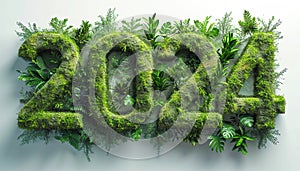 2024 made out of leaves. Creative layout nature background. New Year. 3D render letters made of grass and flowers, 2024