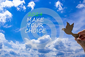 2024 Make your choice symbol. Concept words 2024 Make your choice. Beautiful blue sky cloud background. Voter hand with wooden