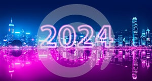 2024 Metaverse neon city network technology background
