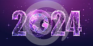 2024 metaverse world futuristic concept banner on dark purple backgroun. Modern vector illustration