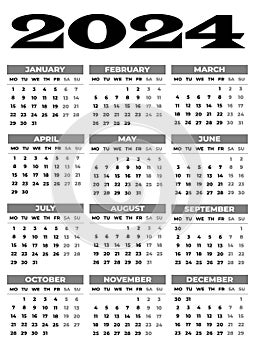 2024 Monday Start Portrait Black and White Calendar