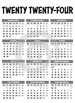 2024 Monday Start Portrait Black and White Calendar