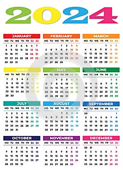 2024 Monday Start Portrait Color Calendar