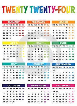 2024 Monday Start Portrait Color Calendar