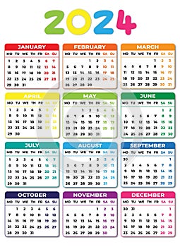 2024 Monday Start Portrait Color Calendar