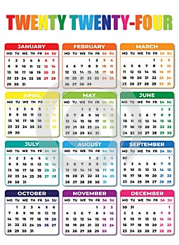 2024 Monday Start Portrait Color Calendar