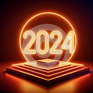 2024 neon sign on pedestal. Happy New Year concept, New year celebration, Vector illustration, generative ai