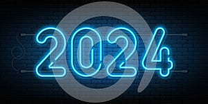 2024 neon signboard. Glowing numbers 2024, neon light effect for background, web banner, poster and greeting card. Merry Christmas