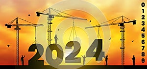 2024 new year. Building crane loading numbers. Industrial silhouette. Construction site for workers. Welcome to happy