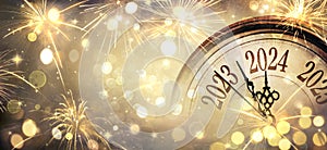 2024 New Year - Clock And Golden Fireworks