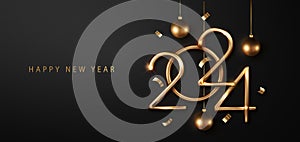 2024 New Year elegant card design featuring gold and black with golden balloons, confetti, and ribbons. Ideal for