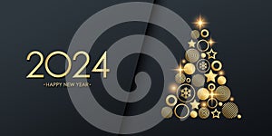 2024 New Year festive holiday banner with golden Christmas tree. Black and gold.