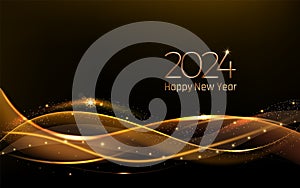 2024 new year. Gold wave on black background, golden ribbon for happy newyear, shine and sparkle. Stars and sparkles in