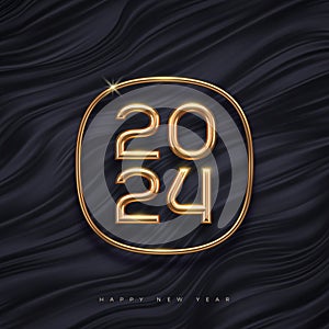 2024 new year golden logo on abstract black waves background.