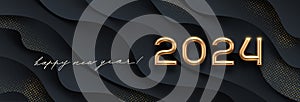 2024 new year golden logo on abstract black waves background. Greeting design with realistic gold metal number of year.