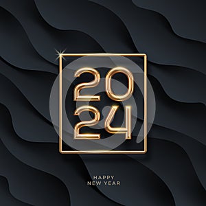 2024 new year golden logo on abstract black waves background. Greeting design with realistic gold metal number of year.