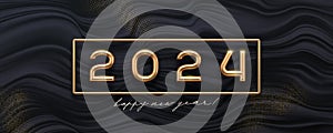 2024 new year golden logo on abstract black waves background. Greeting design with realistic gold metal number of year.