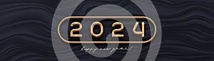 2024 new year golden logo on abstract black waves background. Greeting design with realistic gold metal number of year.