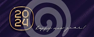 2024 new year golden logo on abstract dark waves background. Greeting design with realistic gold metal number of year