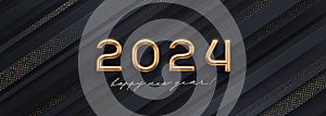 2024 new year golden logo. Realistic gold metal number of year on a black striped background with golden halftone.